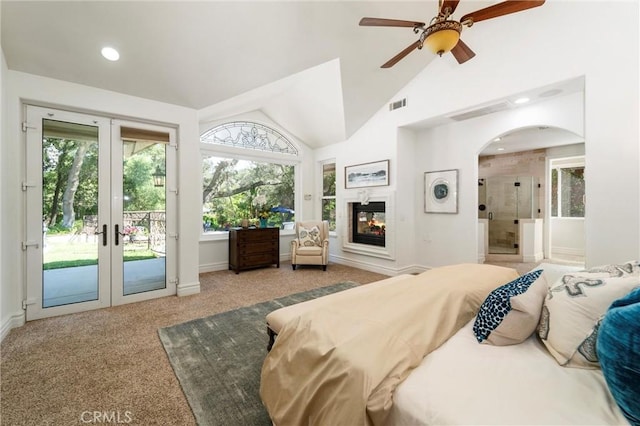 45200 Oak Manor Ct, Temecula, CA 92590 - bedroom featuring access to outside, french doors, carpet, lofted ceiling, and arched walkways