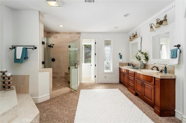 45200 Oak Manor Ct, Temecula, CA 92590 - bathroom with a stall shower, double vanity, and recessed lighting