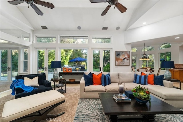 45200 Oak Manor Ct, Temecula, CA 92590 - living room with a ceiling fan, french doors, high vaulted ceiling, and a chandelier