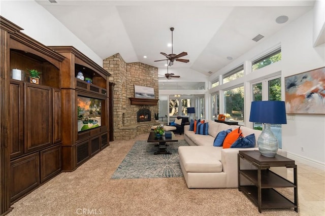 45200 Oak Manor Ct, Temecula, CA 92590 - living area with a ceiling fan, vaulted ceiling, a fireplace, and light colored carpet