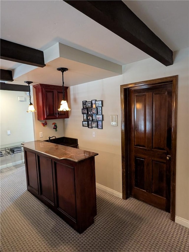 2622 Chauncy Pl, Riverside, CA 92506 - bar area with beam ceiling, carpet floors, and pendant lighting