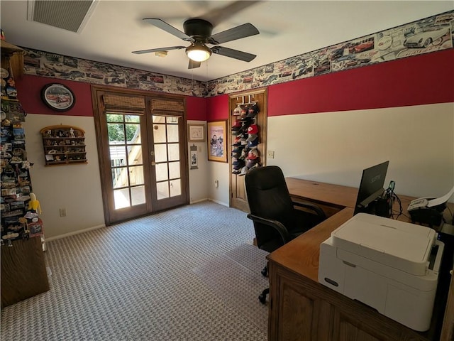 2622 Chauncy Pl, Riverside, CA 92506 - office with french doors, ceiling fan, light colored carpet, and wallpapered walls