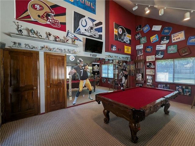 2622 Chauncy Pl, Riverside, CA 92506 - game room featuring carpet floors, high vaulted ceiling, track lighting, and billiards