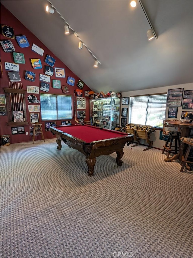 2622 Chauncy Pl, Riverside, CA 92506 - playroom with track lighting, lofted ceiling, billiards table, and carpet flooring