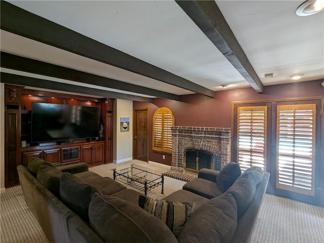 2622 Chauncy Pl, Riverside, CA 92506 - living area with light carpet, beam ceiling, and a fireplace