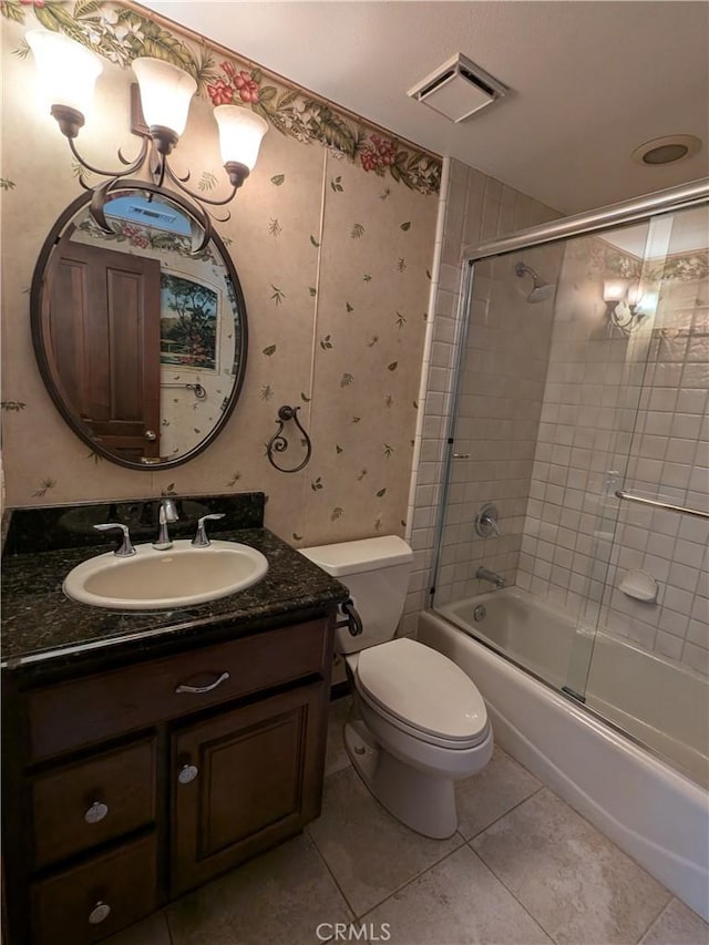 2622 Chauncy Pl, Riverside, CA 92506 - full bathroom featuring vanity, tile patterned flooring, combined bath / shower with glass door, and wallpapered walls