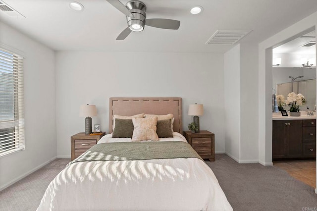 2333 Verano Way, Vista, CA 92081 - bedroom with light colored carpet, ensuite bathroom, recessed lighting, and a ceiling fan