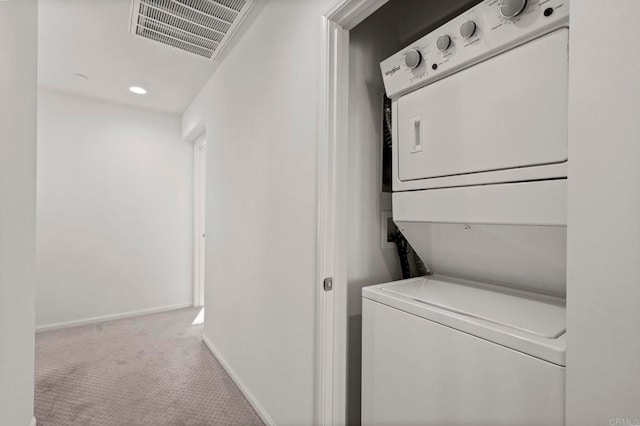 2333 Verano Way, Vista, CA 92081 - laundry room featuring stacked washer / dryer, carpet, and recessed lighting