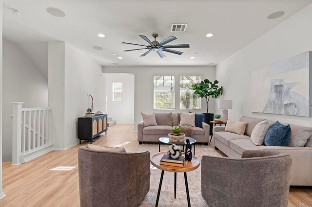 2333 Verano Way, Vista, CA 92081 - living room with light wood finished floors, recessed lighting, and ceiling fan