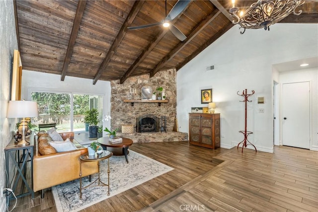 9292 Garden St, Rancho Cucamonga, CA 91701 - living area with a wooden ceiling with exposed beams, high vaulted ceiling, wood finished floors, ceiling fan, and a stone fireplace