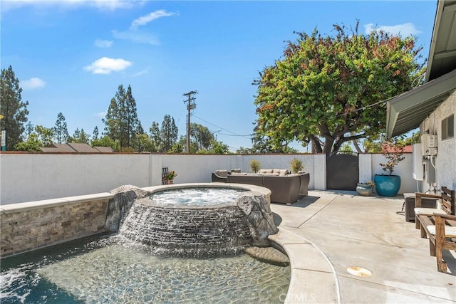9292 Garden St, Rancho Cucamonga, CA 91701 - fenced backyard with an outdoor living space, a patio area, and a pool with connected hot tub