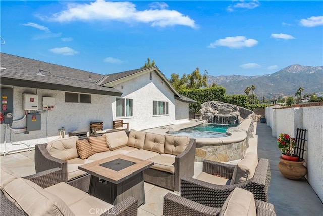 9292 Garden St, Rancho Cucamonga, CA 91701 - view of patio / terrace featuring an outdoor hangout area, a mountain view, and an in-ground hot tub