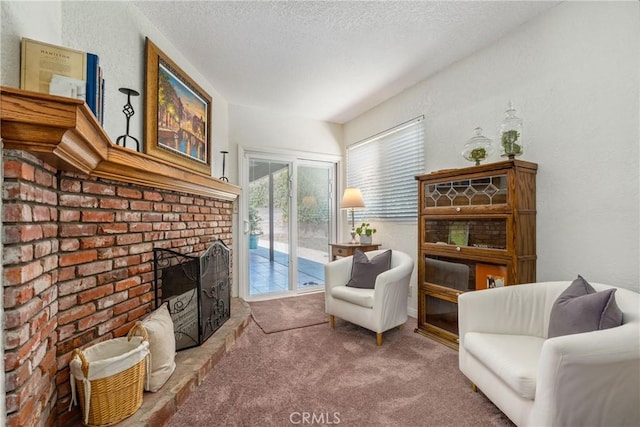 9292 Garden St, Rancho Cucamonga, CA 91701 - sitting room with a brick fireplace, carpet, and a textured ceiling