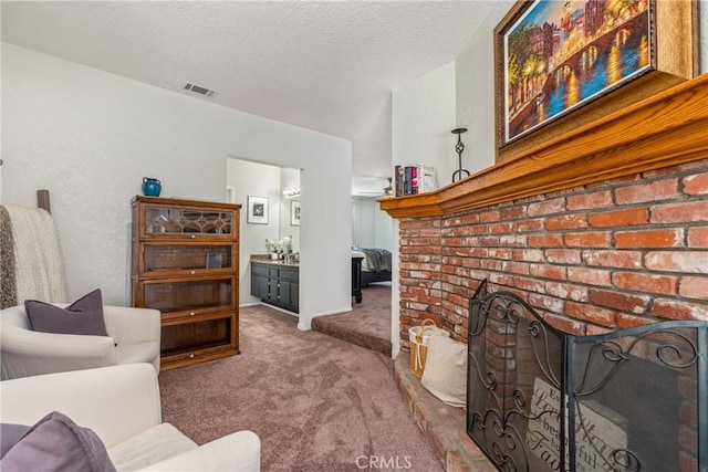 9292 Garden St, Rancho Cucamonga, CA 91701 - carpeted living room with a brick fireplace and a textured ceiling