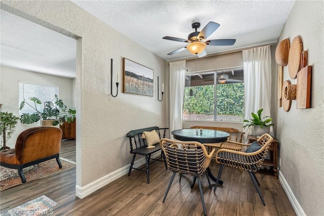 9292 Garden St, Rancho Cucamonga, CA 91701 - dining room with a textured wall, a textured ceiling, wood finished floors, and ceiling fan