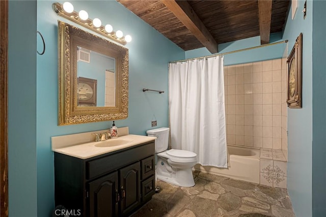 969 Oak Dr, Crestline, CA 92325 - full bathroom with a wood ceiling with exposed beams, stone finish flooring, vanity, and shower / bath combo with shower curtain