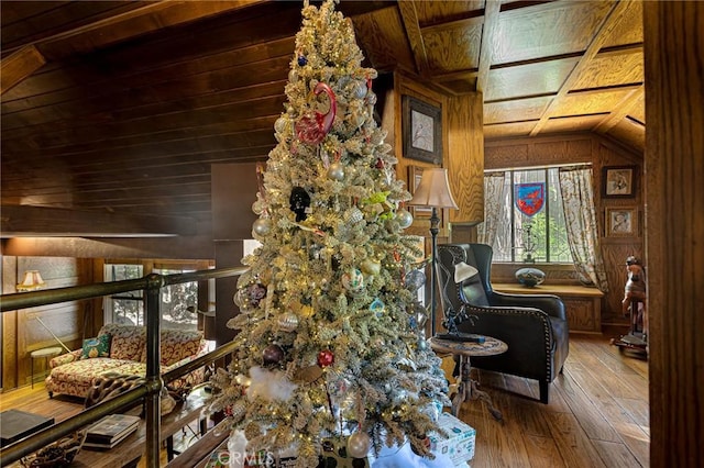 969 Oak Dr, Crestline, CA 92325 - sitting room with wood walls, hardwood / wood-style floors, and wooden ceiling