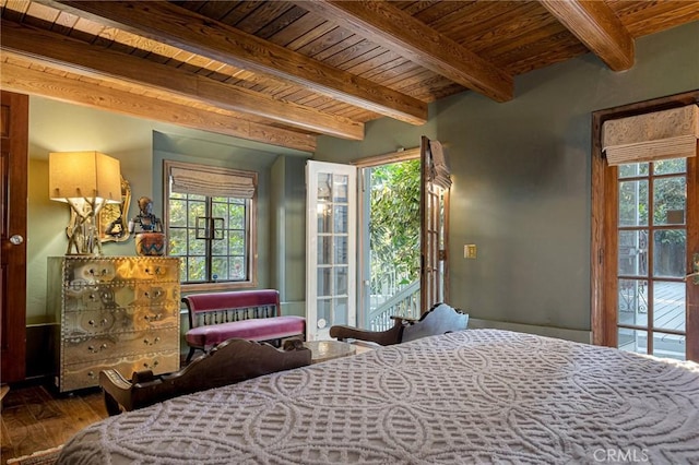 969 Oak Dr, Crestline, CA 92325 - bedroom featuring a wood ceiling with exposed beams, wood finished floors, multiple windows, and access to outside