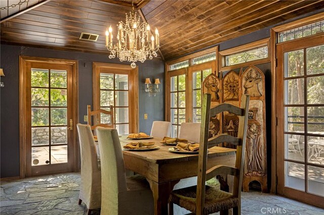 969 Oak Dr, Crestline, CA 92325 - dining space featuring wood ceiling, a chandelier, plenty of natural light, and lofted ceiling