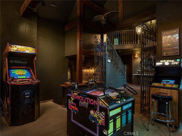 969 Oak Dr, Crestline, CA 92325 - interior space featuring stairway, carpet floors, and a high ceiling
