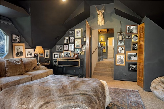 969 Oak Dr, Crestline, CA 92325 - carpeted bedroom featuring vaulted ceiling