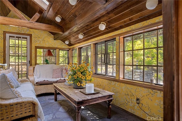 969 Oak Dr, Crestline, CA 92325 - sunroom with healthy amount of natural light and wood ceiling