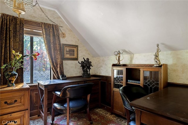 969 Oak Dr, Crestline, CA 92325 - office area with vaulted ceiling, wainscoting, and wallpapered walls