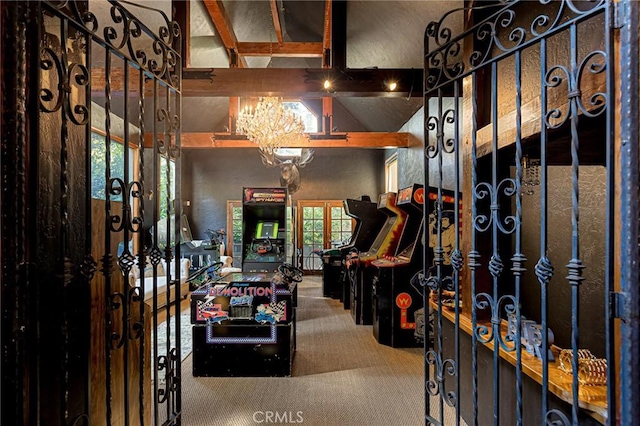 969 Oak Dr, Crestline, CA 92325 - carpeted entryway with a chandelier