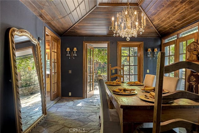 969 Oak Dr, Crestline, CA 92325 - dining area with a chandelier, lofted ceiling, healthy amount of natural light, wooden ceiling, and stone finish flooring