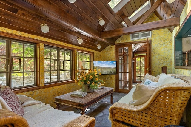 969 Oak Dr, Crestline, CA 92325 - carpeted living area with wood ceiling