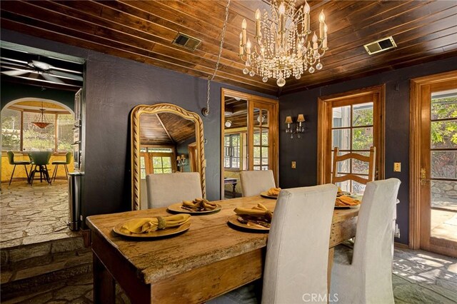 969 Oak Dr, Crestline, CA 92325 - dining area with a chandelier and wood ceiling