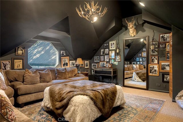 969 Oak Dr, Crestline, CA 92325 - carpeted home theater with vaulted ceiling and a chandelier