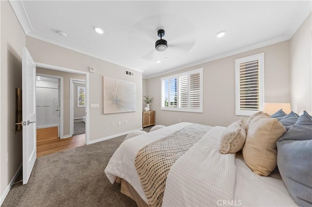 107 Bowery, Irvine, CA 92612 - bedroom featuring carpet floors, ornamental molding, recessed lighting, and a ceiling fan