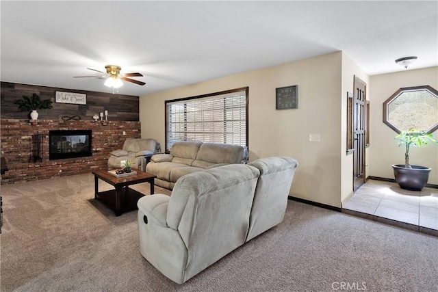7505 Jenkins Ave, Hesperia, CA 92345 - living room featuring light carpet, a ceiling fan, and a fireplace