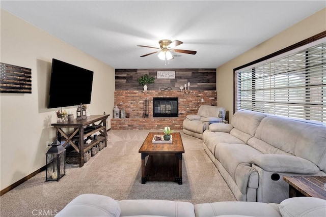 7505 Jenkins Ave, Hesperia, CA 92345 - carpeted living room with ceiling fan and a brick fireplace