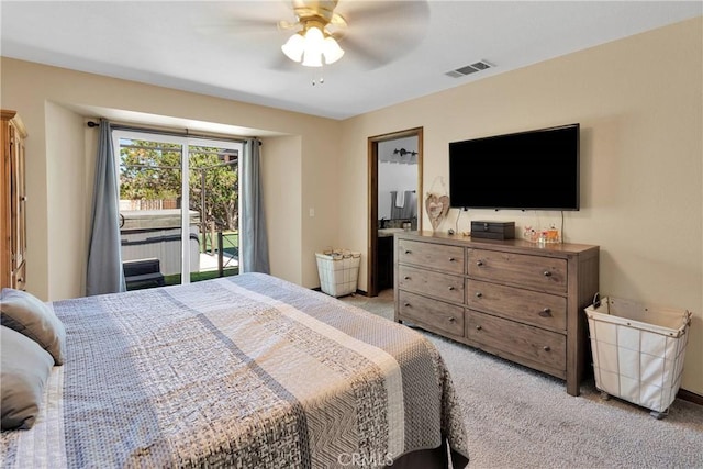 7505 Jenkins Ave, Hesperia, CA 92345 - bedroom with light carpet, access to exterior, and a ceiling fan