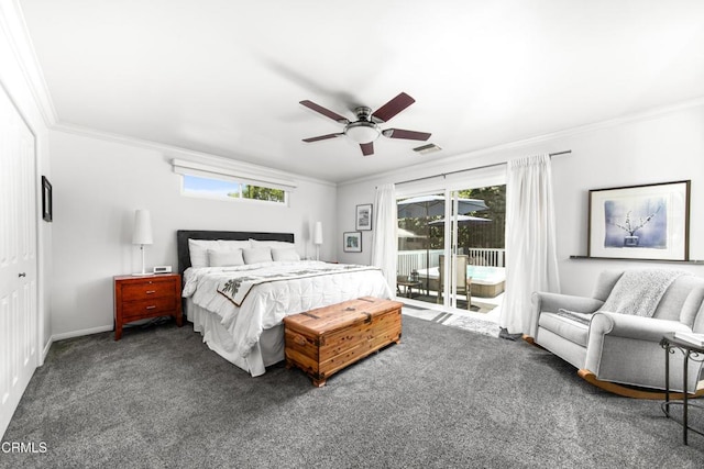 331 N Avon St, Burbank, CA 91505 - bedroom with access to exterior, ornamental molding, carpet flooring, and ceiling fan