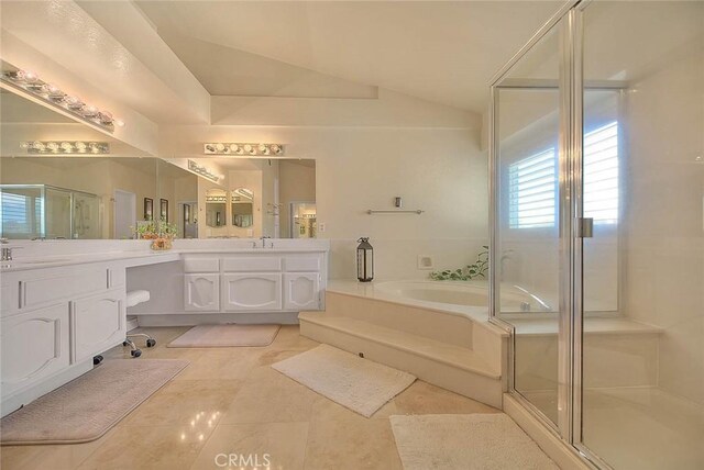 3039 Olympic View Dr, Chino Hills, CA 91709 - bathroom with a bath, double vanity, a stall shower, lofted ceiling, and tile patterned flooring