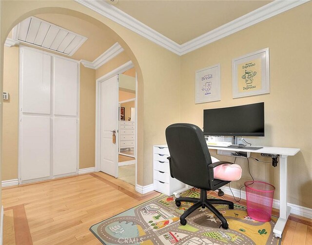 3039 Olympic View Dr, Chino Hills, CA 91709 - office featuring arched walkways, light wood finished floors, and ornamental molding