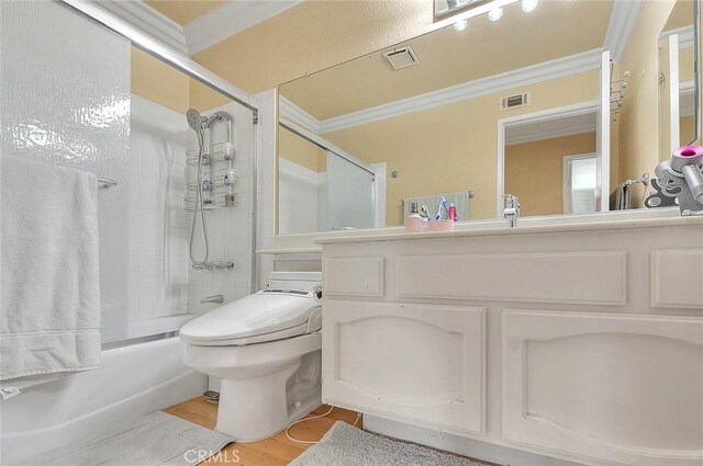 3039 Olympic View Dr, Chino Hills, CA 91709 - bathroom featuring crown molding, vanity, combined bath / shower with glass door, and wood finished floors