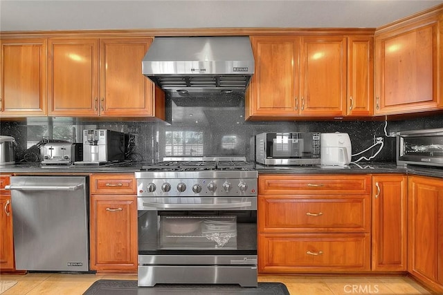 3039 Olympic View Dr, Chino Hills, CA 91709 - kitchen featuring stainless steel appliances, range hood, brown cabinetry, and dark countertops