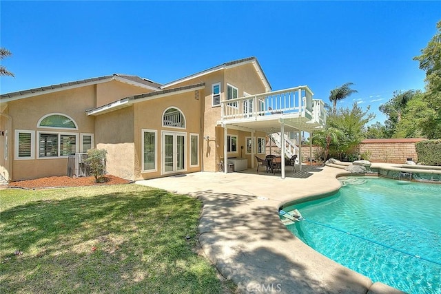 3039 Olympic View Dr, Chino Hills, CA 91709 - rear view of house with a deck, stairs, stucco siding, a patio, and french doors