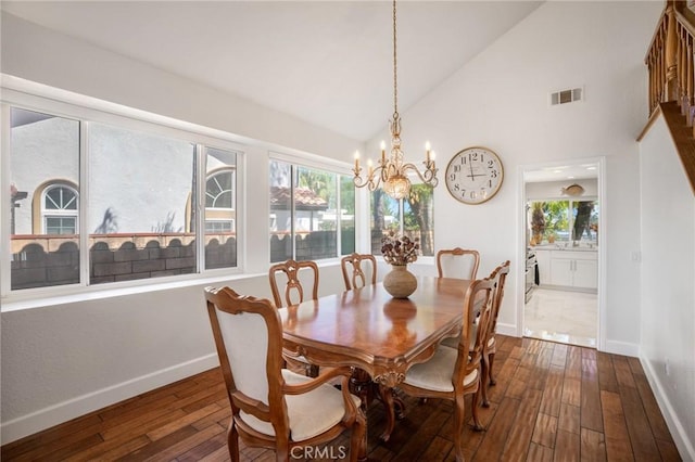 2741 Olympic View Dr, Chino Hills, CA 91709 - dining space with a chandelier, hardwood / wood-style floors, plenty of natural light, and high vaulted ceiling