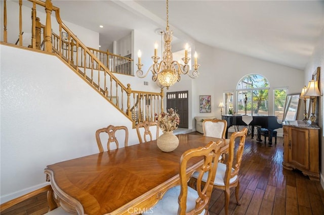 2741 Olympic View Dr, Chino Hills, CA 91709 - dining space with stairway, dark wood finished floors, a chandelier, and high vaulted ceiling