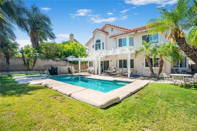 2741 Olympic View Dr, Chino Hills, CA 91709 - back of house featuring a pergola, stucco siding, a fenced backyard, and a tiled roof