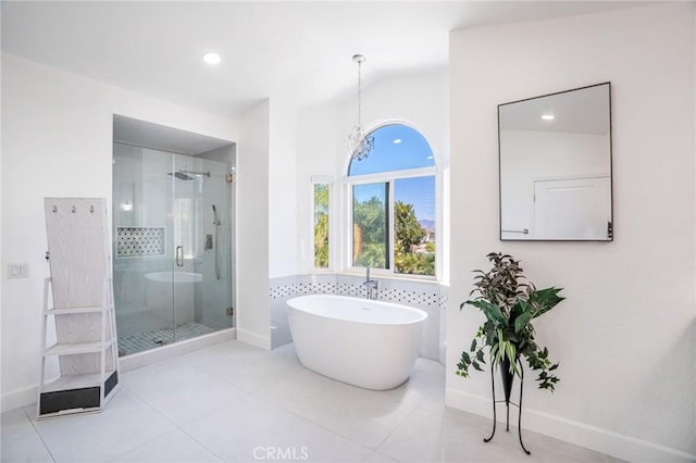 2741 Olympic View Dr, Chino Hills, CA 91709 - full bath featuring a stall shower, a soaking tub, tile patterned flooring, recessed lighting, and lofted ceiling