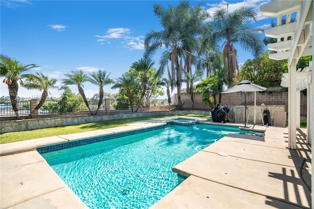 2741 Olympic View Dr, Chino Hills, CA 91709 - view of pool with a fenced backyard, a patio area, and a pool with connected hot tub