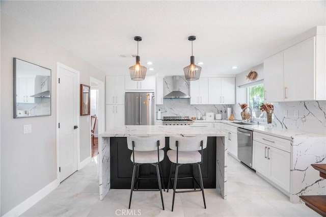 2741 Olympic View Dr, Chino Hills, CA 91709 - kitchen with wall chimney exhaust hood, appliances with stainless steel finishes, decorative backsplash, white cabinetry, and light stone counters