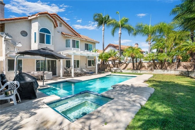 2741 Olympic View Dr, Chino Hills, CA 91709 - view of pool featuring a pergola, a pool with connected hot tub, a fenced backyard, and a patio