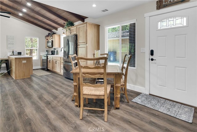 2583 Oak Shores Dr, Bradley, CA 93426 - dining room with dark wood-style floors, recessed lighting, and wood ceiling